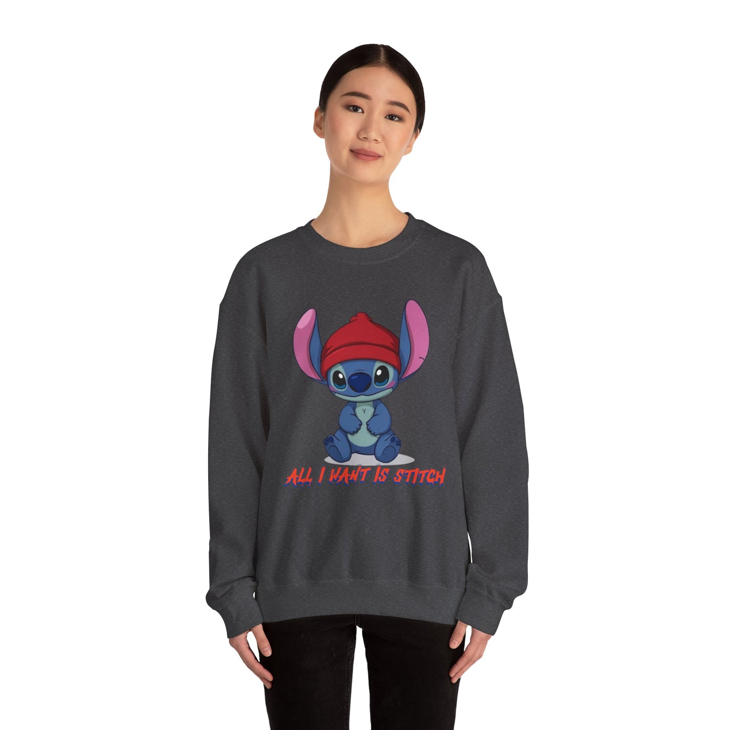 Stitch Cute Crewneck Sweatshirt — “All I Want Is Stitch” Cartoon Pullover