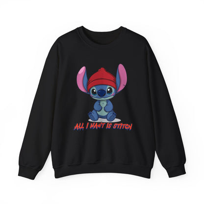 Stitch Cute Crewneck Sweatshirt — “All I Want Is Stitch” Cartoon Pullover
