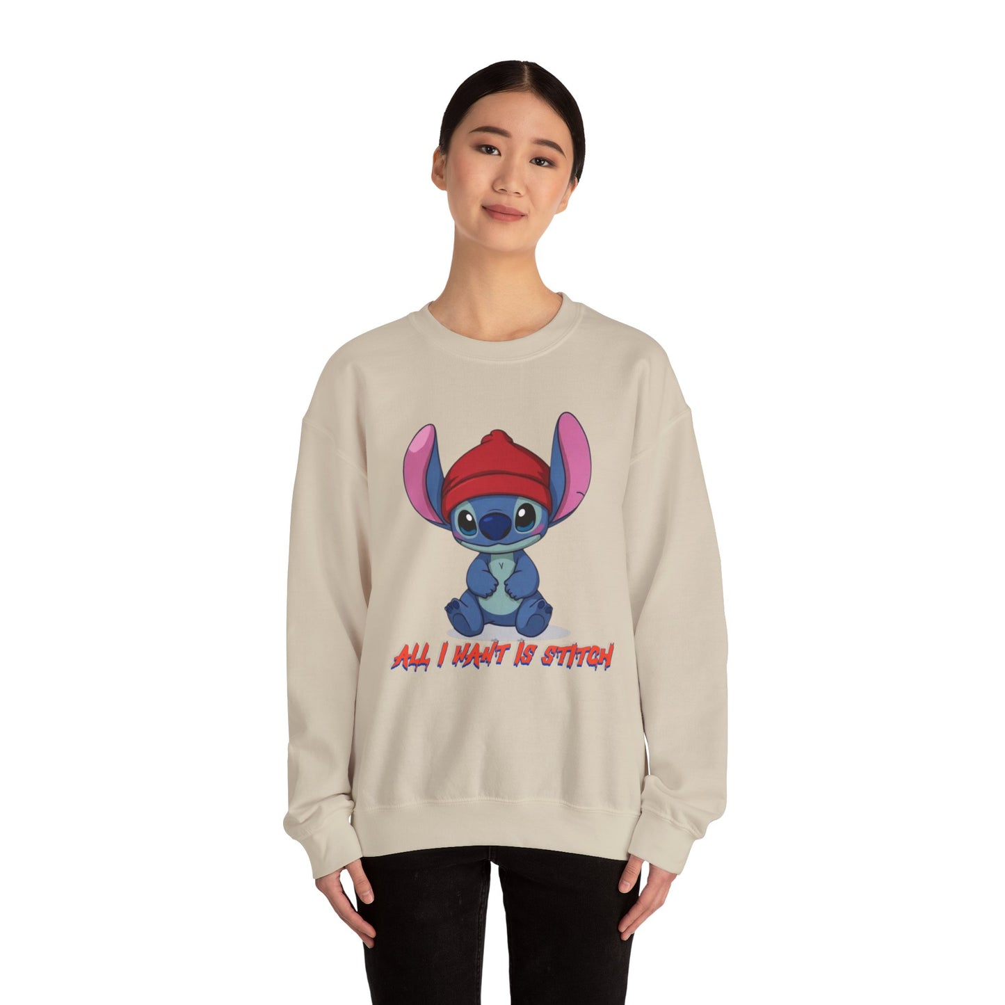 Stitch Cute Crewneck Sweatshirt — “All I Want Is Stitch” Cartoon Pullover