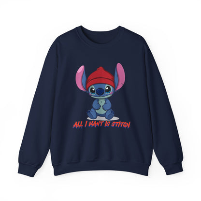 Stitch Cute Crewneck Sweatshirt — “All I Want Is Stitch” Cartoon Pullover