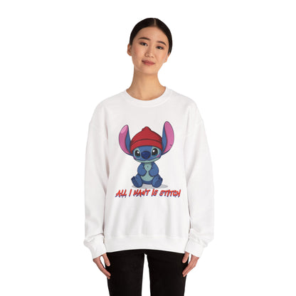 Stitch Cute Crewneck Sweatshirt — “All I Want Is Stitch” Cartoon Pullover