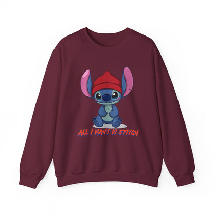 Stitch Cute Crewneck Sweatshirt — “All I Want Is Stitch” Cartoon Pullover