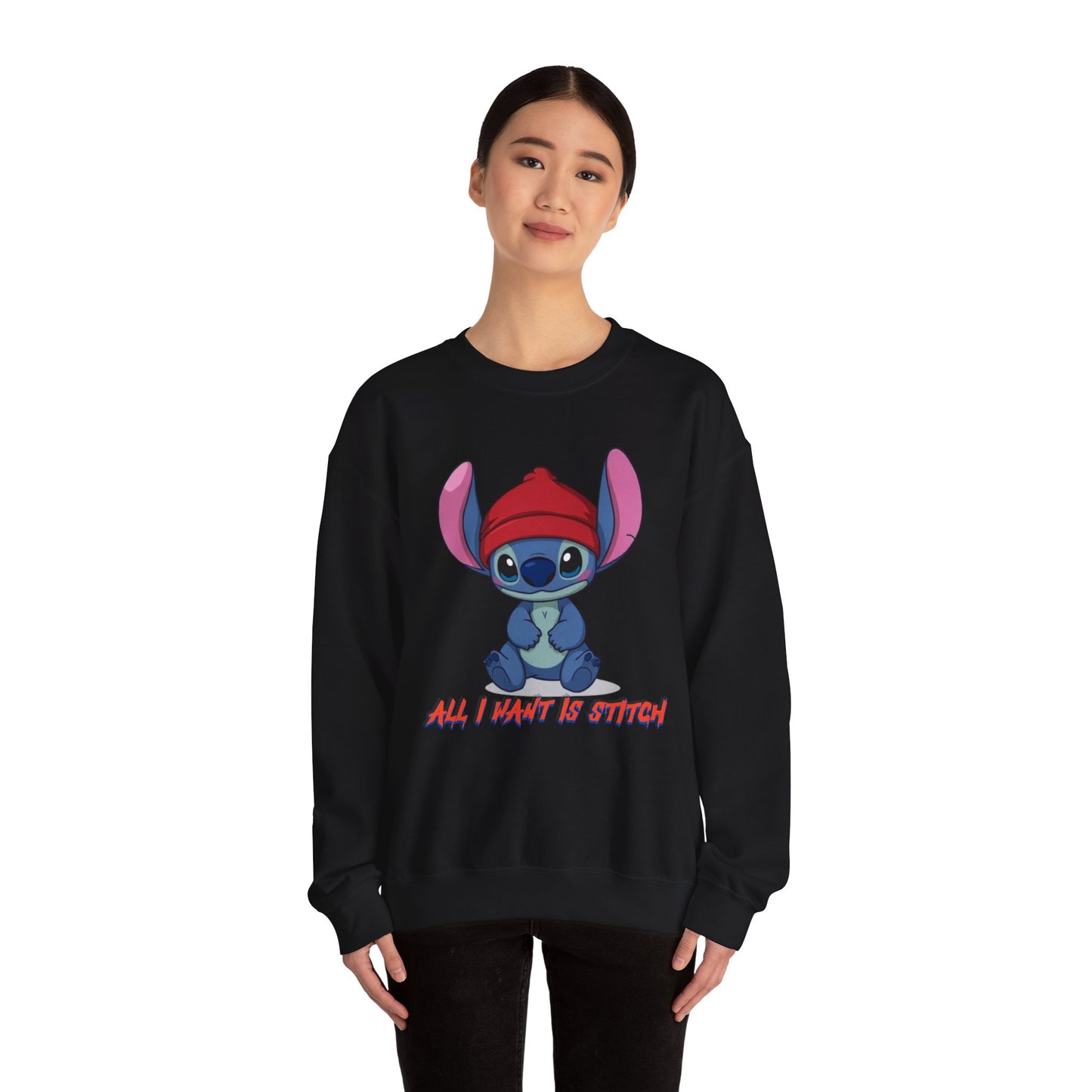 Stitch Cute Crewneck Sweatshirt — “All I Want Is Stitch” Cartoon Pullover