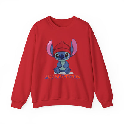 Stitch Cute Crewneck Sweatshirt — “All I Want Is Stitch” Cartoon Pullover