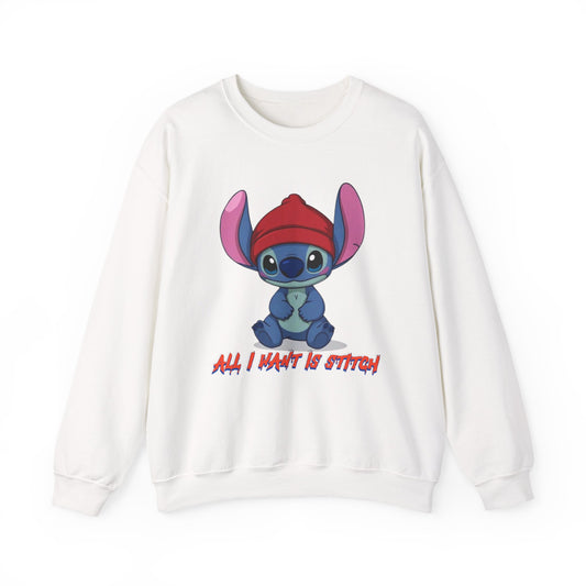 Stitch Cute Crewneck Sweatshirt — “All I Want Is Stitch” Cartoon Pullover
