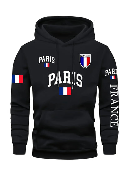 Men's Paris France Flag Letter Graphic Hoodie Pullover Kangaroo Pocket Ribbed Cuffs Machine Washable Autumn Winter Sweatshirt