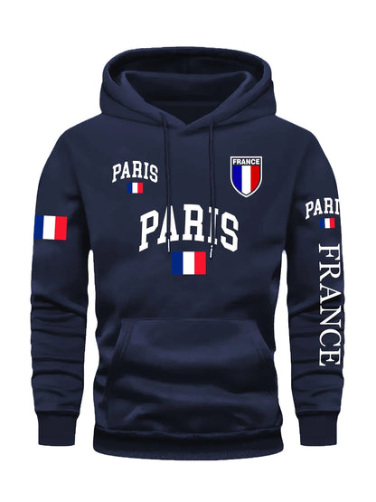 Men's Paris France Flag Letter Graphic Hoodie Pullover Kangaroo Pocket Ribbed Cuffs Machine Washable Autumn Winter Sweatshirt