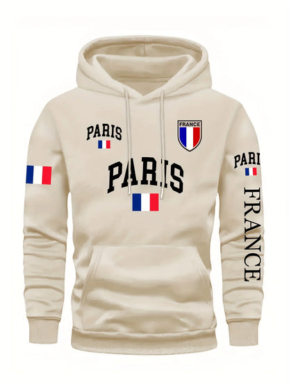 Men's Paris France Flag Letter Graphic Hoodie Pullover Kangaroo Pocket Ribbed Cuffs Machine Washable Autumn Winter Sweatshirt