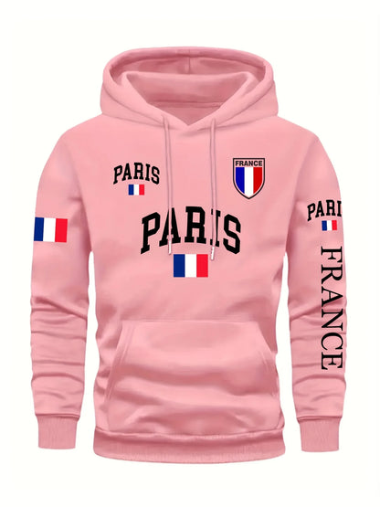 Men's Paris France Flag Letter Graphic Hoodie Pullover Kangaroo Pocket Ribbed Cuffs Machine Washable Autumn Winter Sweatshirt