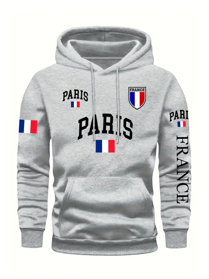 Men's Paris France Flag Letter Graphic Hoodie Pullover Kangaroo Pocket Ribbed Cuffs Machine Washable Autumn Winter Sweatshirt