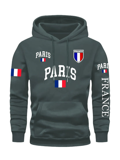 Men's Paris France Flag Letter Graphic Hoodie Pullover Kangaroo Pocket Ribbed Cuffs Machine Washable Autumn Winter Sweatshirt