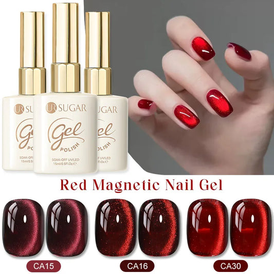 UR SUGAR Magnetic Cat Eye Gel Nail Polish – Ruby Red (3 × 15ml)